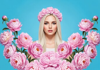 woman with glossy straight hair and flower crown framed by pink peonies on bold blue background