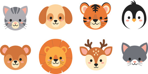 Fototapeta premium Cute Animal Face Icon Set with Cartoon Cat Dog Tiger Penguin Bear Lion Deer and Kitty Characters for Kids Design