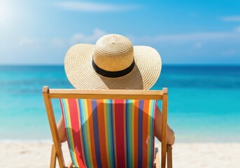 Back view of woman in straw hat sitting in striped lounge chair on sandy beach, gazing at calm turquoise ocean, peaceful summer escape.