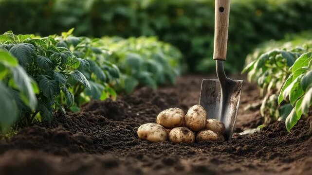 Freshly dug potatoes lying in a row on the dark soil of a field