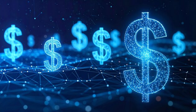 Digital futuristic glowing dollar symbols dominate a blue network background, representing finance, technology, innovation, investment, and prosperity in a modern context.