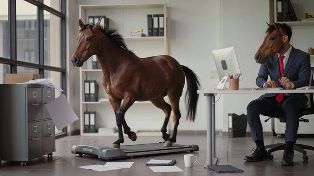 Horse interrupts work, Unexpected horse intrusion occurs during crucial business or meeting time, Horse unexpectedly breaches corporate setting overlooking city skyline during important meeting