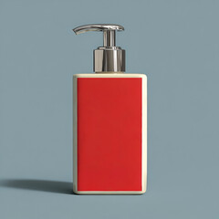 Obraz premium 3D rendered red liquid hand soap dispenser pump bottle with chrome cap on blue gradient background soft shadows, luxury bathroom hygiene product packaging mockup for branding clean design