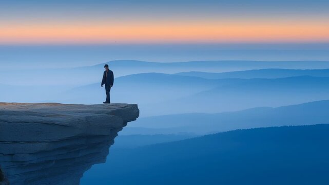 A lone figure stands at the brink of a rocky ledge, gazing into the endless twilight sky