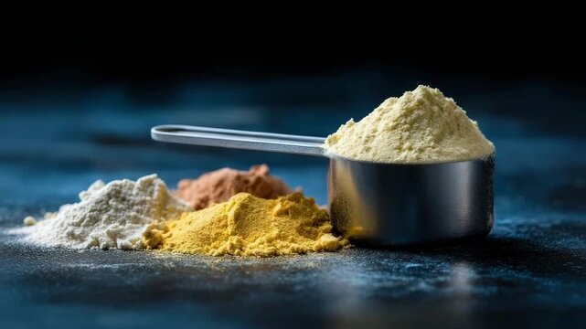 Measuring scoops with colorful sports supplements for bodybuilding on black background