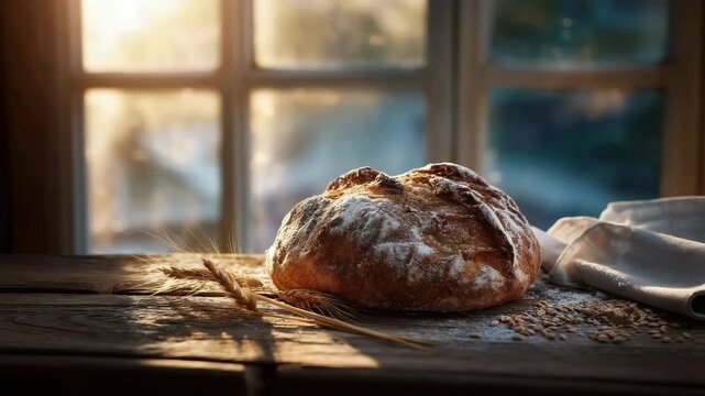 Freshly baked loaf of bread dusted with flour on a rustic wooden table in a sunlit room
