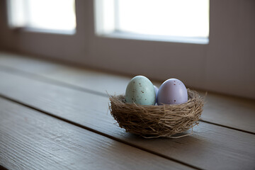 Pastel colored easter eggs resting in a small bird nest on a rustic wooden windowsill with natural soft light filtering through a bright window