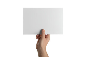 Obraz premium Hand holding a blank white paper card for text or design, isolated on white, concept for communication or presentation