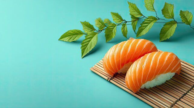 Fresh and Delicious Salmon Sushi on Bamboo Mat with Green Leaves in a Bright Blue Background for Food Lovers and Culinary Enthusiasts