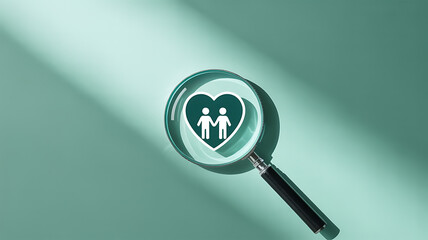 Magnifying glass focusing on a heart icon with a couple inside on a green background representing love search relationship finding and dating application concept