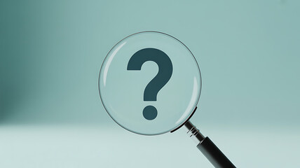 Magnifying glass focusing on a question mark symbol on a light blue background representing search for answers investigation discovery and information gathering process