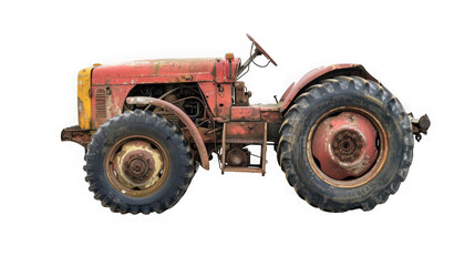 Obraz premium Rustic Vintage Red Tractor with Rust and Wear: Old Farm Equipment Isolated on White for Agricultural Concepts isolated on transparent background