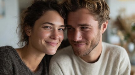 Obraz premium Close-up portrait of a young couple. the woman is on the left side of the image, with her head resting on the man's shoulder. she has shoulder-length dark hair and is wearing a gray sweater.