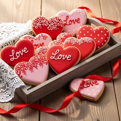 Assorted heart-shaped cookies arranged in a rustic wooden tray with red ribbon.