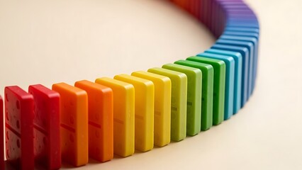 Rainbow colored dominoes in a curved line.