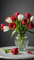 Red and White Tulips in Glass Vase.
