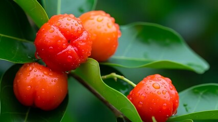 Red Fruits on Green Leaves with Water Droplets.