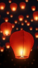 Red Lanterns Floating in Dark Sky.
