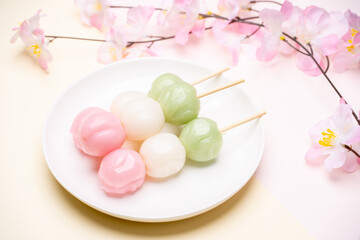 Japanese dango dessert arranged with seasonal spring mood