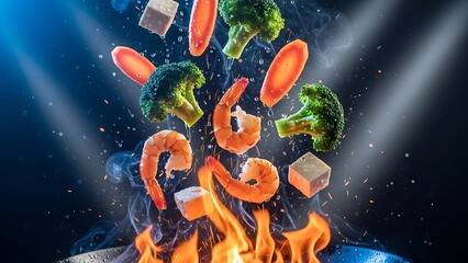 Seafood and Vegetables in Flames Closeup.