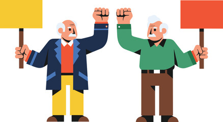 Cartoon illustration of elderly men protesting with blank signs and raised fists, social activism demonstration concept isolated on plain background