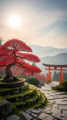 Serene Japanese Garden with Red Maple Tree.
