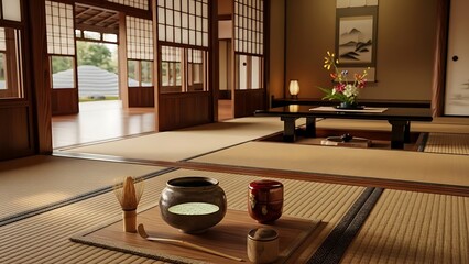 Serene Japanese Room with Tatami Mats and Tea Set.