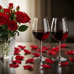 Romantic evening with red roses and wine glasses on a dark table