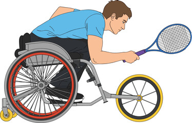Vector illustration of wheelchair tennis athlete in action holding racket, adaptive sports competition concept isolated on clean background design