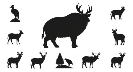 Collection of Animal Silhouettes Deer Elk Bird Tree.