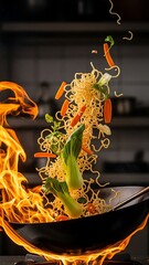 Sizzling Stir Fry Noodles in Flames.