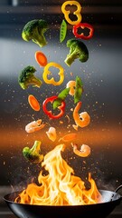 Sizzling Stir Fry Vegetables and Shrimp in Wok.