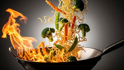 Sizzling Vegetables in Frying Pan with Flames.