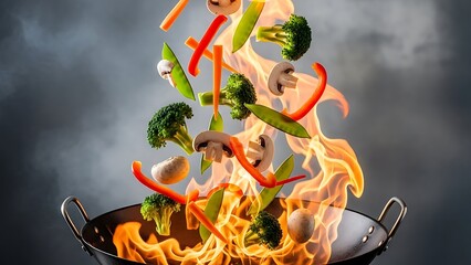 Sizzling Stir Fry Vegetables in Wok.