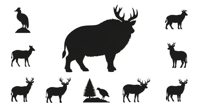 Collection of Animal Silhouettes Deer Elk Bird Tree.