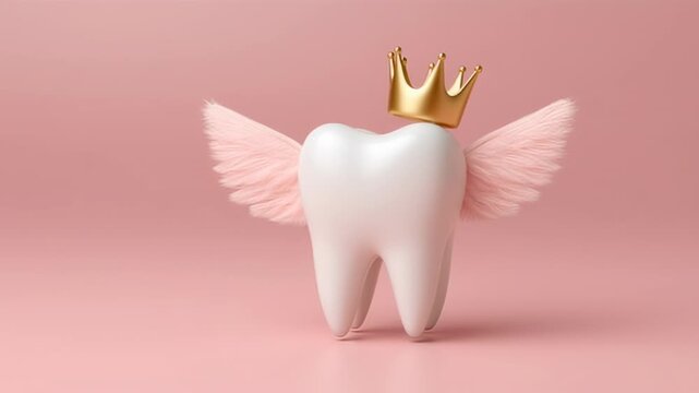 A delightful tooth fairy character with a golden crown and soft wings hovers gracefully in a whimsical pink setting. This enchanting scene captures the wonder of childhood dreaming
