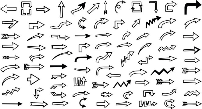 A comprehensive collection of various arrow symbols and directional indicators isolated on white background, Vector