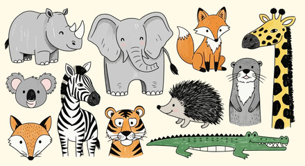 A charming collection of hand-drawn cartoon animals, including a rhino, elephant, fox, giraffe, koala, zebra, tiger, hedgehog, otter, and crocodile, set against a plain background. © Mugi