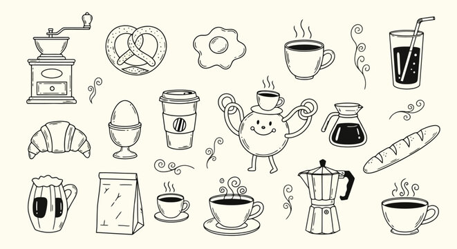 A collection of hand-drawn illustrations depicting various breakfast and coffee-related items, including a coffee grinder, pretzel, croissant, coffee cups, and a moka pot.