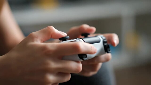  A close-up view of a woman&rsquo;s hands holding a modern white-and-black game controller.