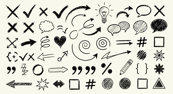 A collection of hand-drawn sketch icons including arrows, checkmarks, crosses, speech bubbles, and geometric shapes on a textured background.
