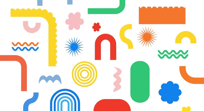 A vibrant and playful abstract pattern featuring a variety of colorful geometric shapes and wavy lines on a white background.