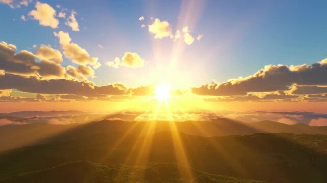 Golden sunbeams pierce through clouds over rolling green hills and misty valleys at dawn