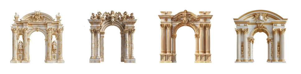 Fototapeta premium Exquisite White and Gold Ornate Arches: Grand Baroque Rococo Architectural Details Isolated on White isolated on transparent background