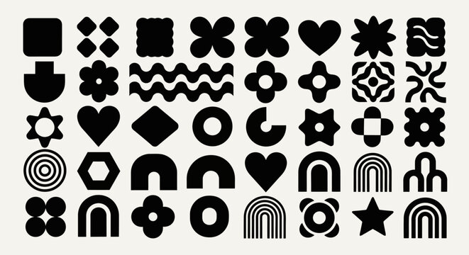 A collection of abstract geometric shapes and symbols in black on a cream background.