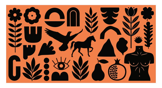 A vibrant orange background adorned with a collection of black abstract and symbolic graphic elements.