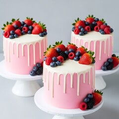 Elegant pastel pink cakes adorned with fresh berries and white drizzle