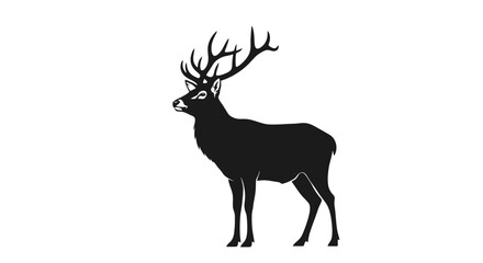 Obraz premium A majestic black stag with impressive antlers stands proudly against a clean white background, showcasing its powerful silhouette.
