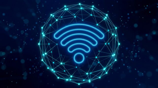 Vibrant blue neon glowing wifi signal icon centralized within a complex, interconnected digital network sphere illustrating global wireless connectivity and future technology concepts.