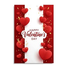 Elegant valentine's day card with red hearts and glittery confetti background